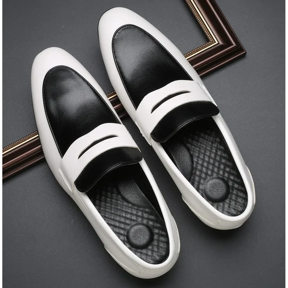 Santimon Men's US 11 White/Black Penny Loafers Slip On Dress Shoes